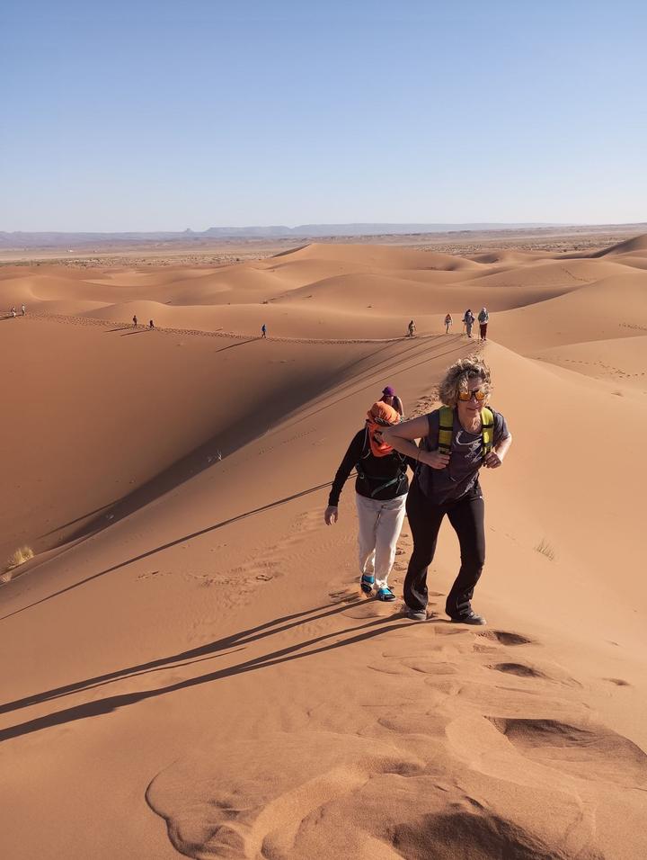 Trekkers walking along a dune ridge in the morning sun